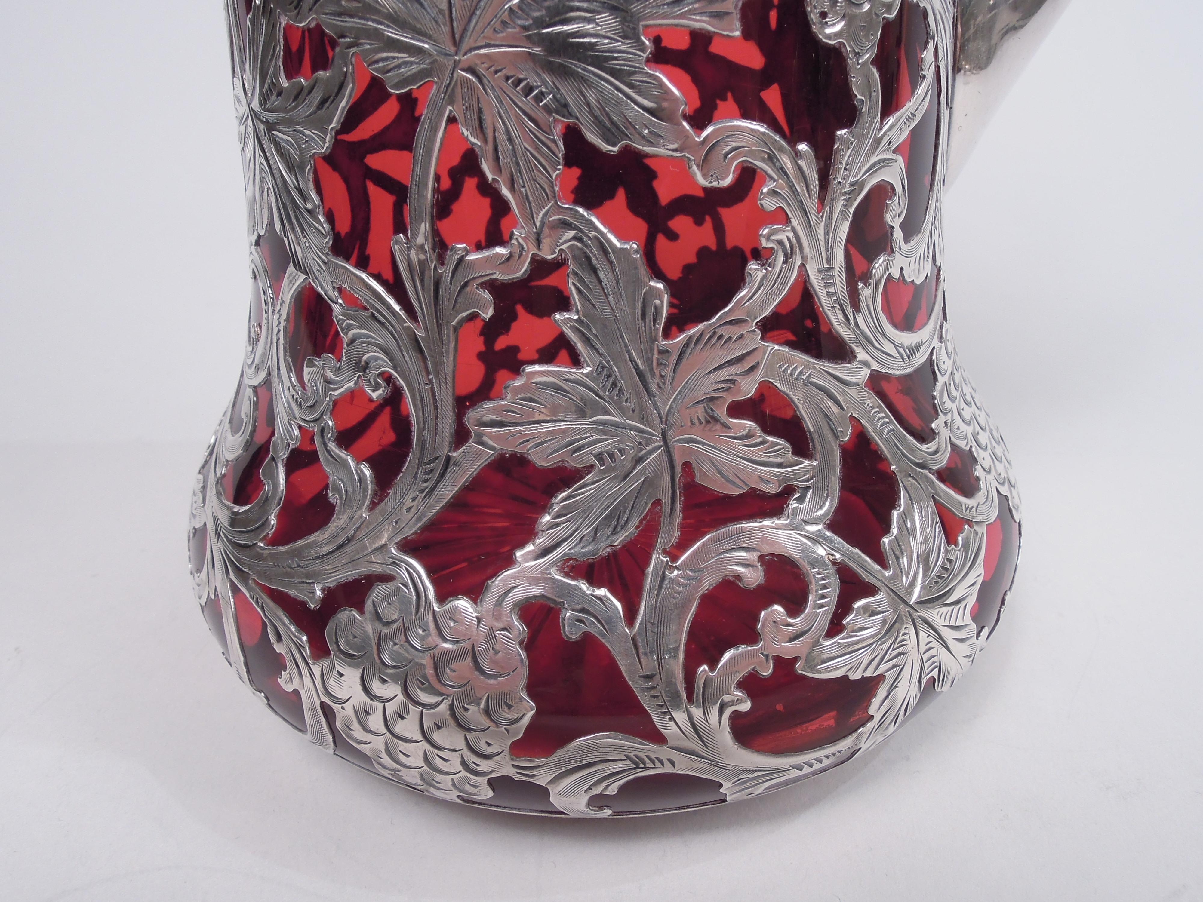 Alvin American Art Nouveau Red Silver Overlay Claret Jug For Sale 2
