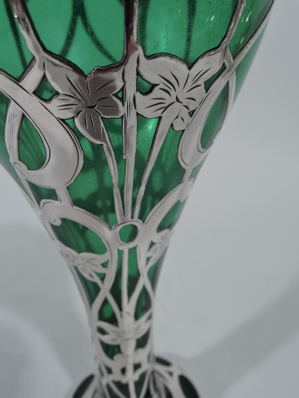 American Alvin Art Nouveau Emerald Glass Vase with Silver Overlay