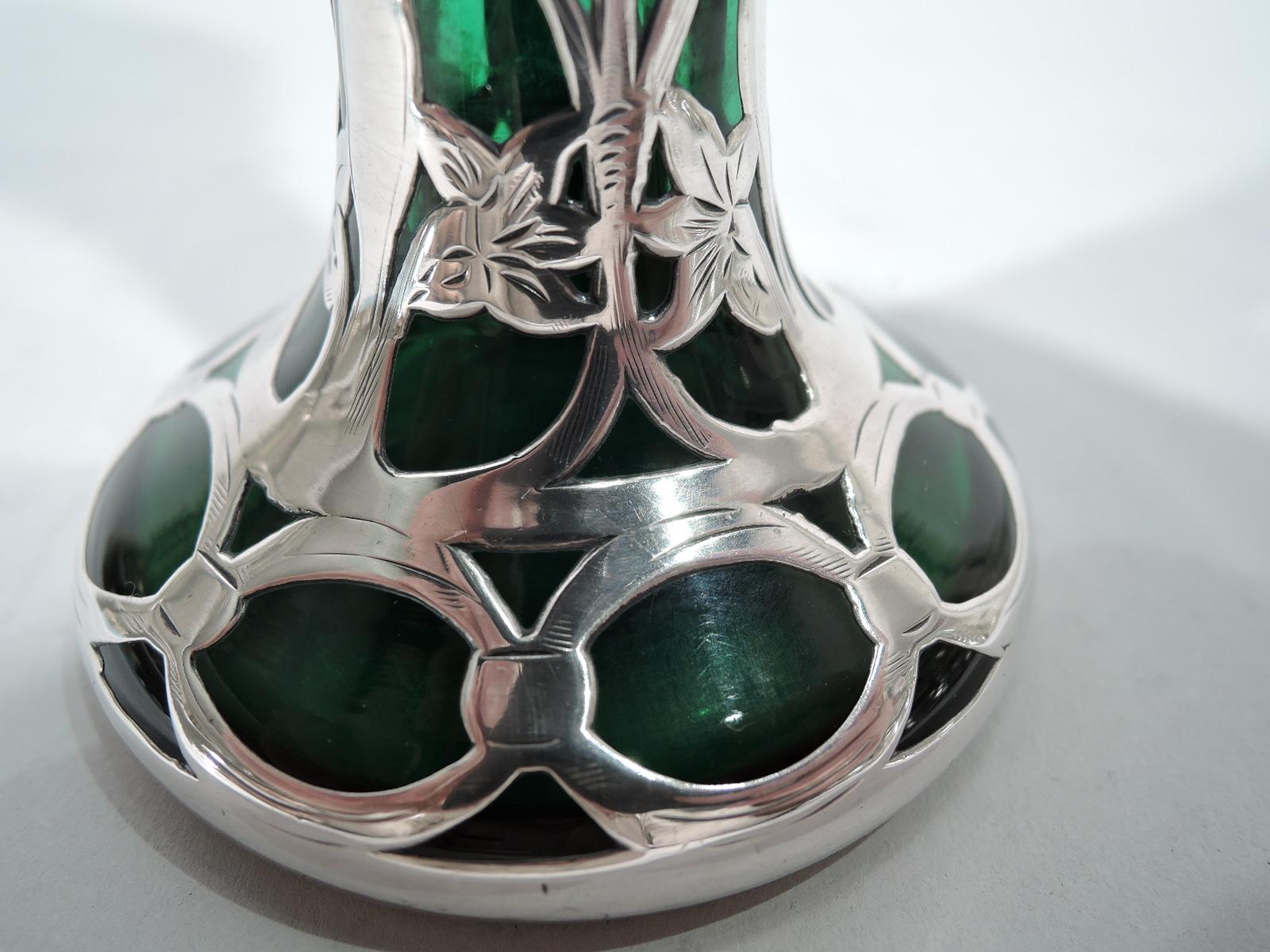 Alvin Art Nouveau Emerald Glass Vase with Silver Overlay In Excellent Condition In New York, NY