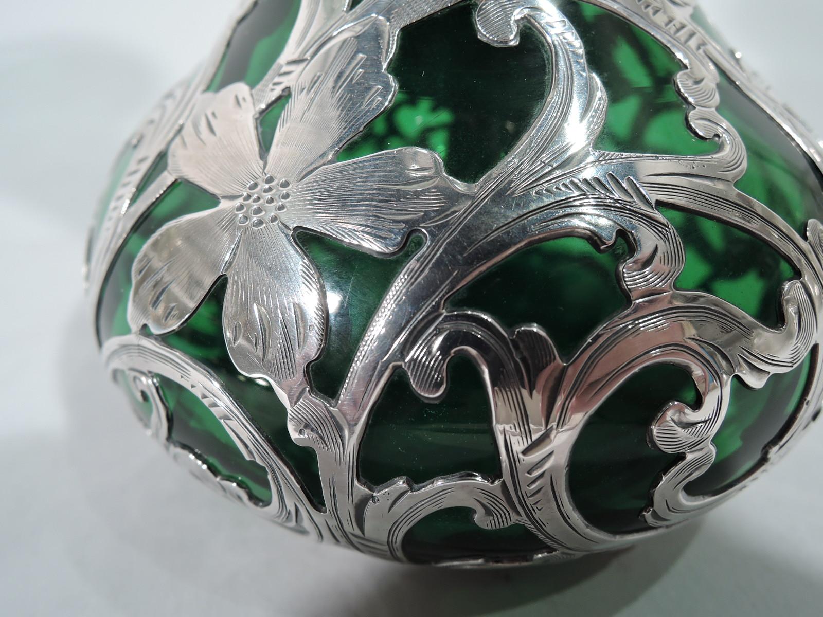 19th Century Alvin Art Nouveau Emerald Glass Vase with Silver Overlay