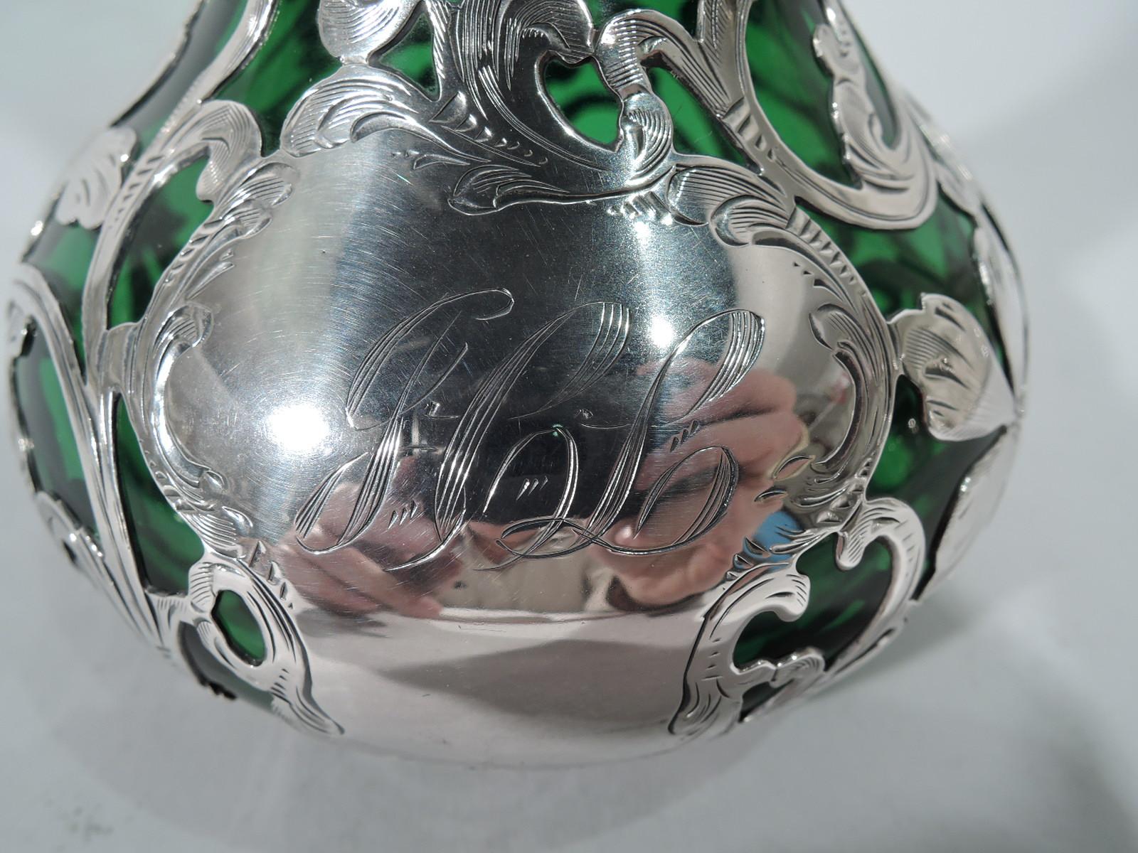 Alvin Art Nouveau Emerald Glass Vase with Silver Overlay 1