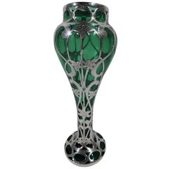 Alvin Art Nouveau Emerald Glass Vase with Silver Overlay