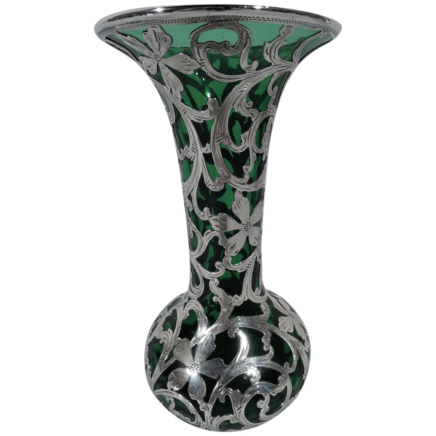 Alvin Art Nouveau Emerald Glass Vase with Silver Overlay