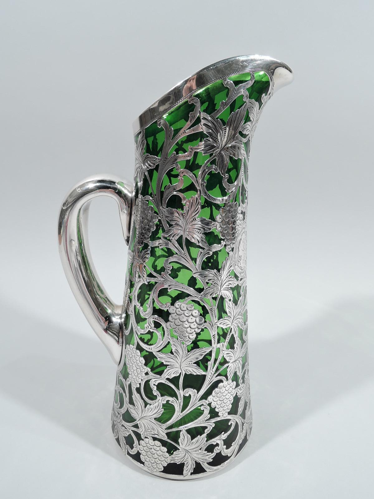 North American Alvin Art Nouveau Green Claret Jug with Grapevine Silver Overlay