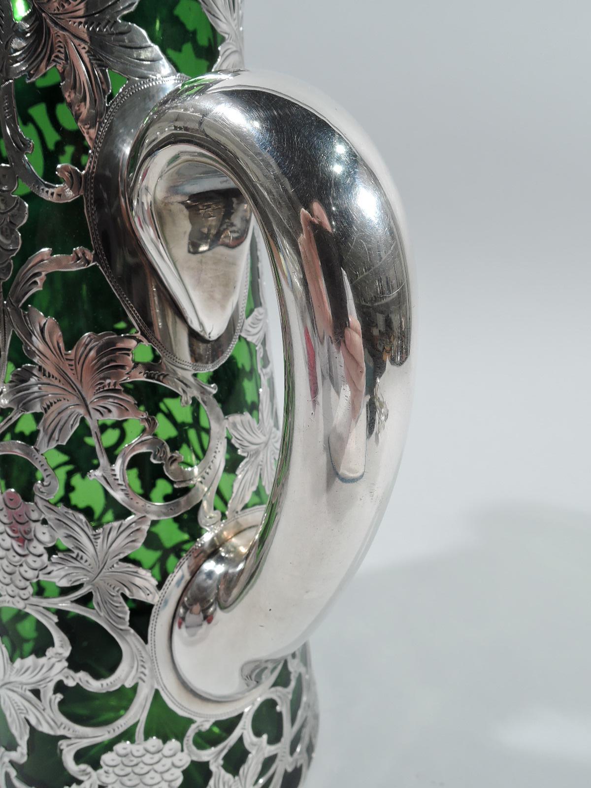 20th Century Alvin Art Nouveau Green Claret Jug with Grapevine Silver Overlay