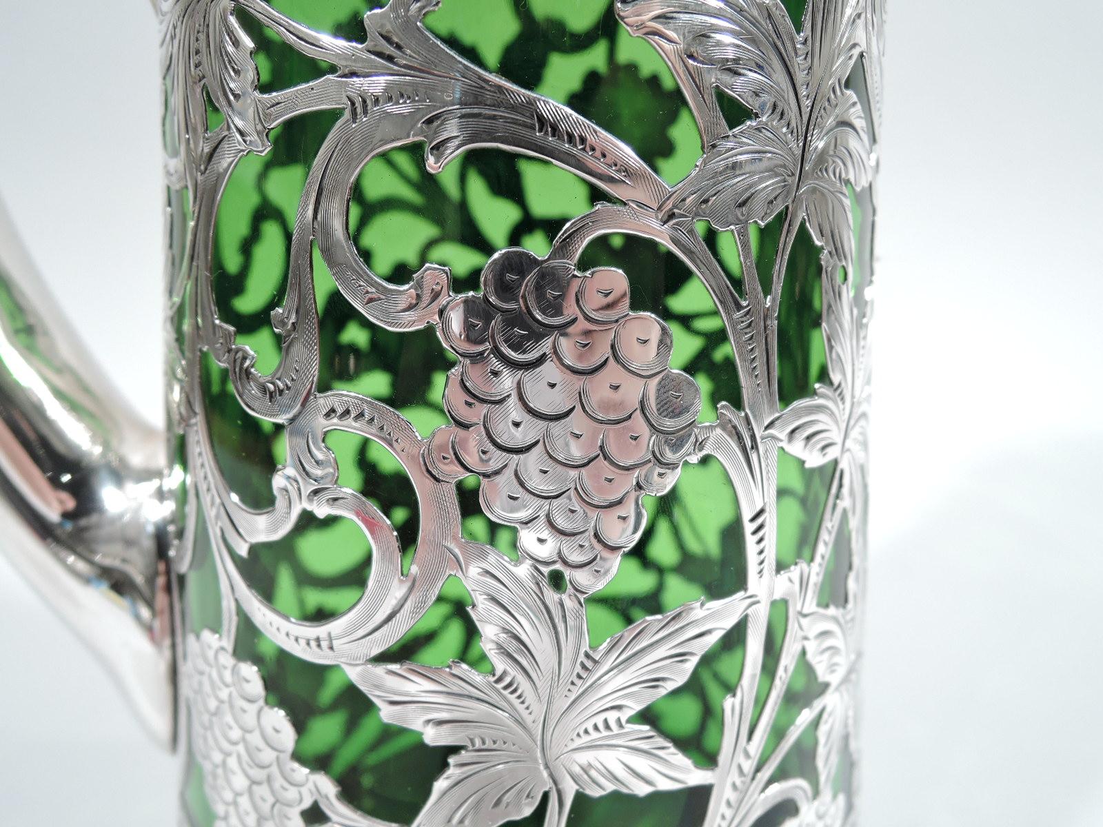 Alvin Art Nouveau Green Claret Jug with Grapevine Silver Overlay 1