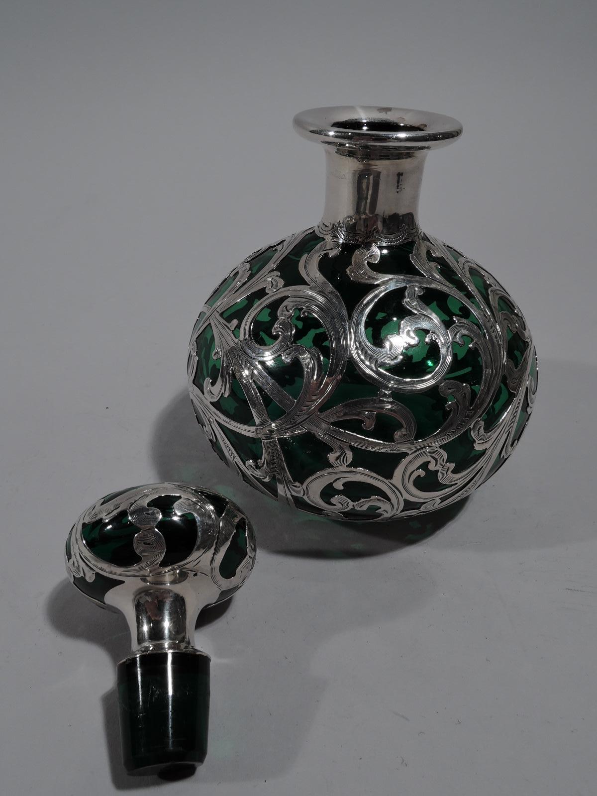 American Alvin Art Nouveau Green Glass Perfume with Silver Overlay