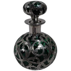 Alvin Art Nouveau Green Glass Perfume with Silver Overlay