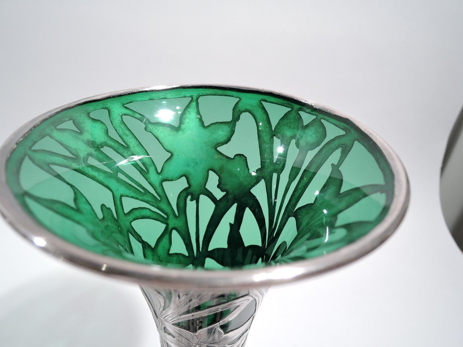 American Alvin Art Nouveau Green Glass Vase with Daffodil Silver Overlay
