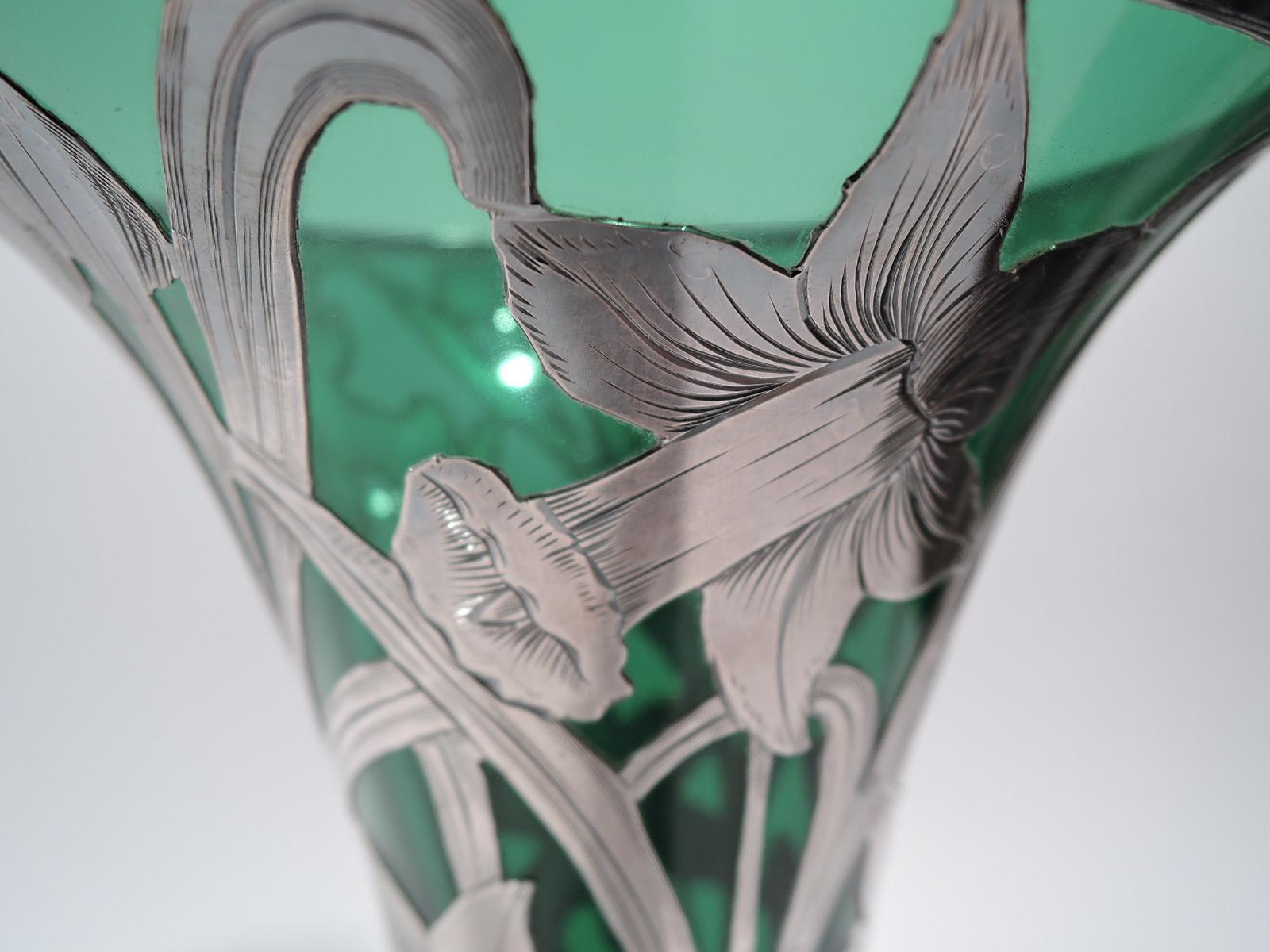 20th Century Alvin Art Nouveau Green Glass Vase with Daffodil Silver Overlay