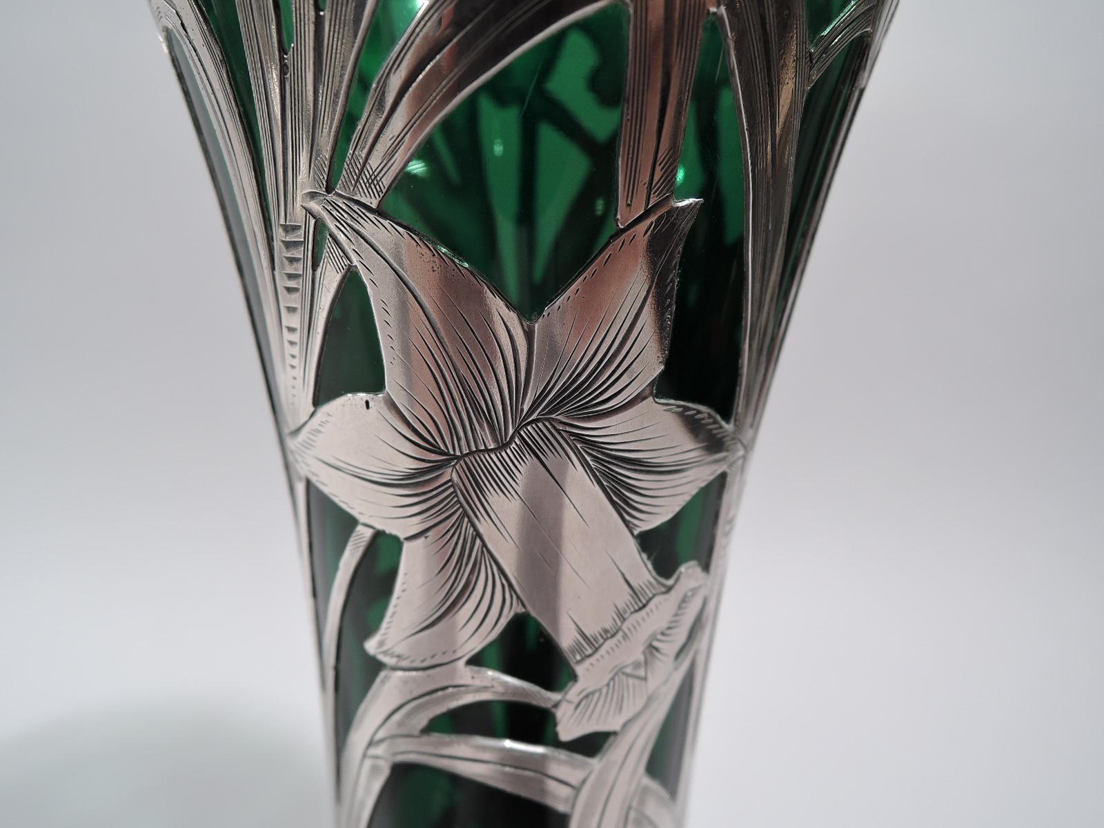 Alvin Art Nouveau Green Glass Vase with Daffodil Silver Overlay 1