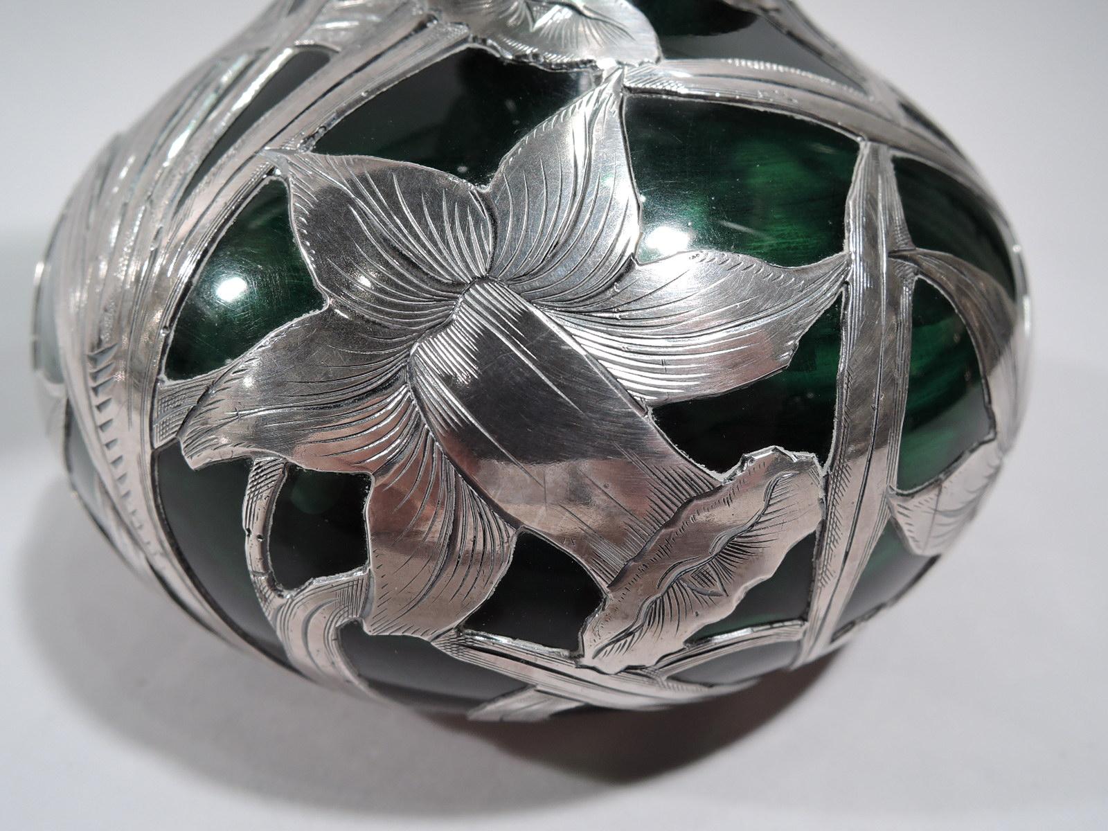 Alvin Art Nouveau Green Glass Vase with Daffodil Silver Overlay 2