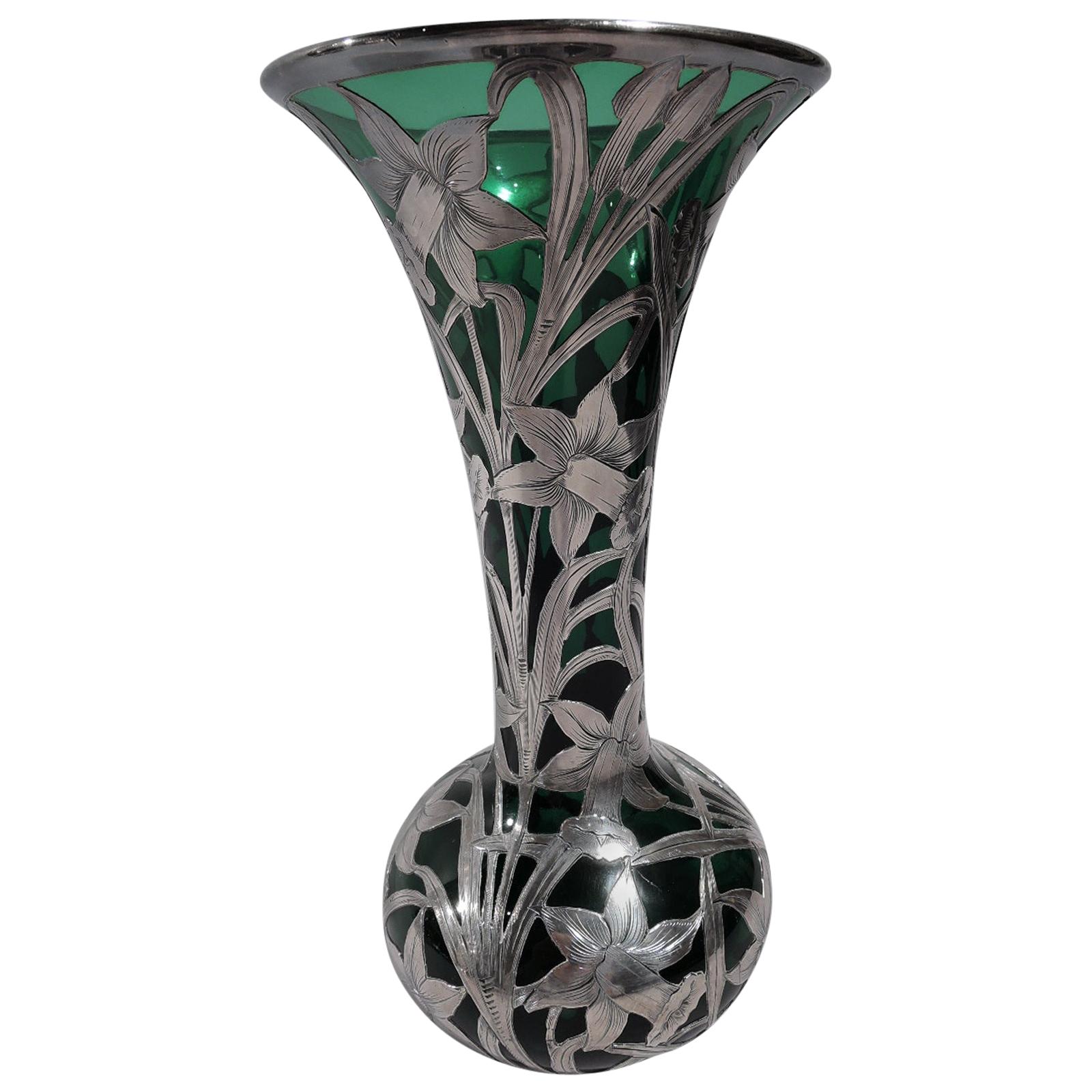 Alvin Art Nouveau Green Glass Vase with Daffodil Silver Overlay