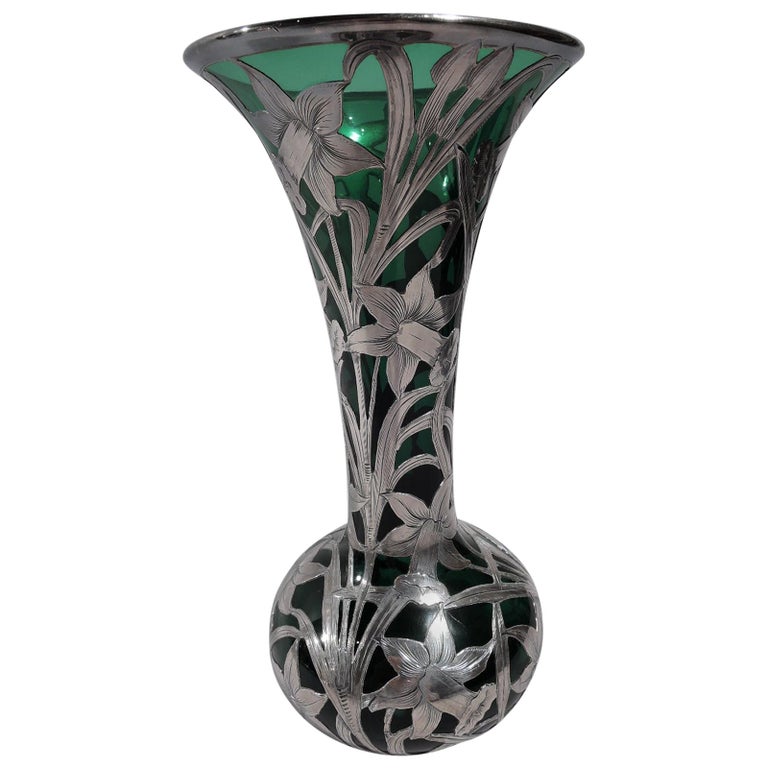 Alvin Art Nouveau Green Glass Vase with Daffodil Silver Overlay For