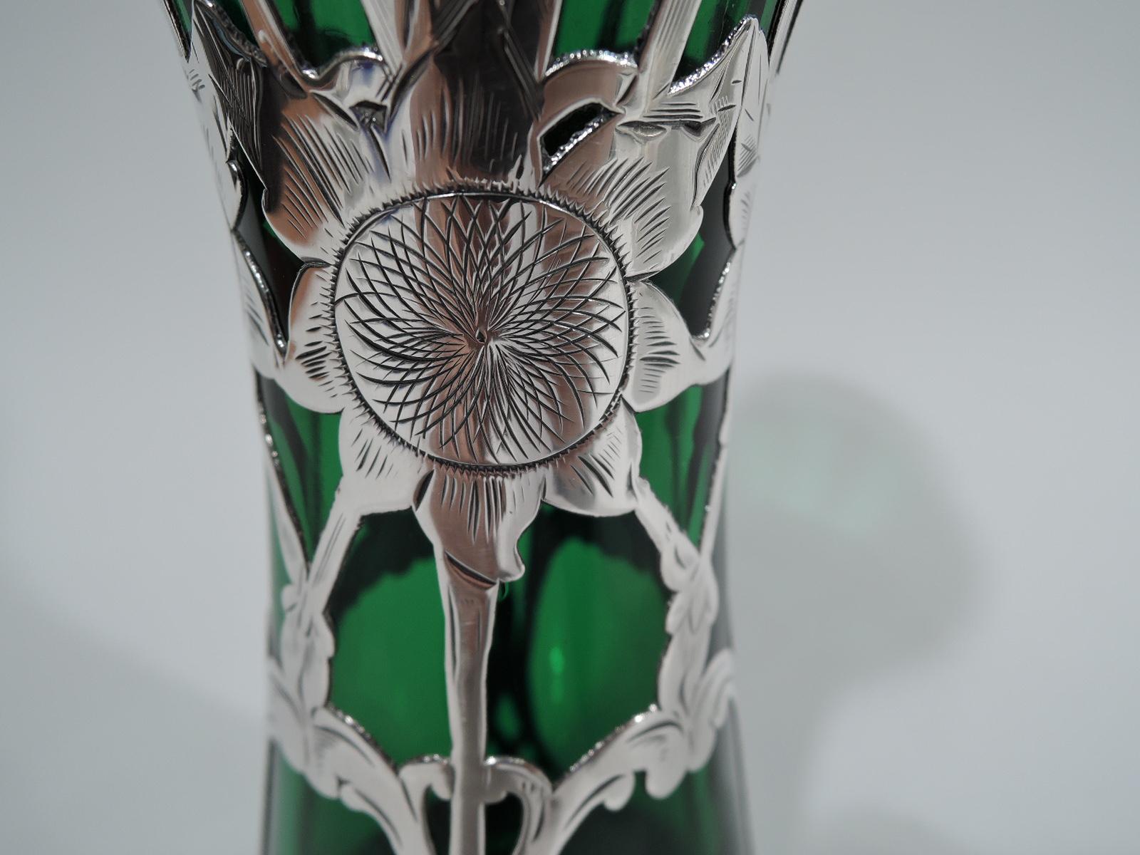 Alvin Art Nouveau Green Silver Overlay Sunflower Vase In Excellent Condition In New York, NY