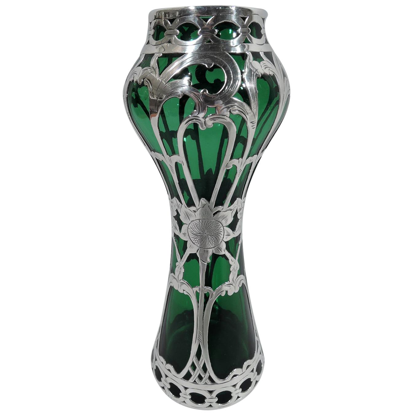 Alvin Art Nouveau Green Silver Overlay Sunflower Vase