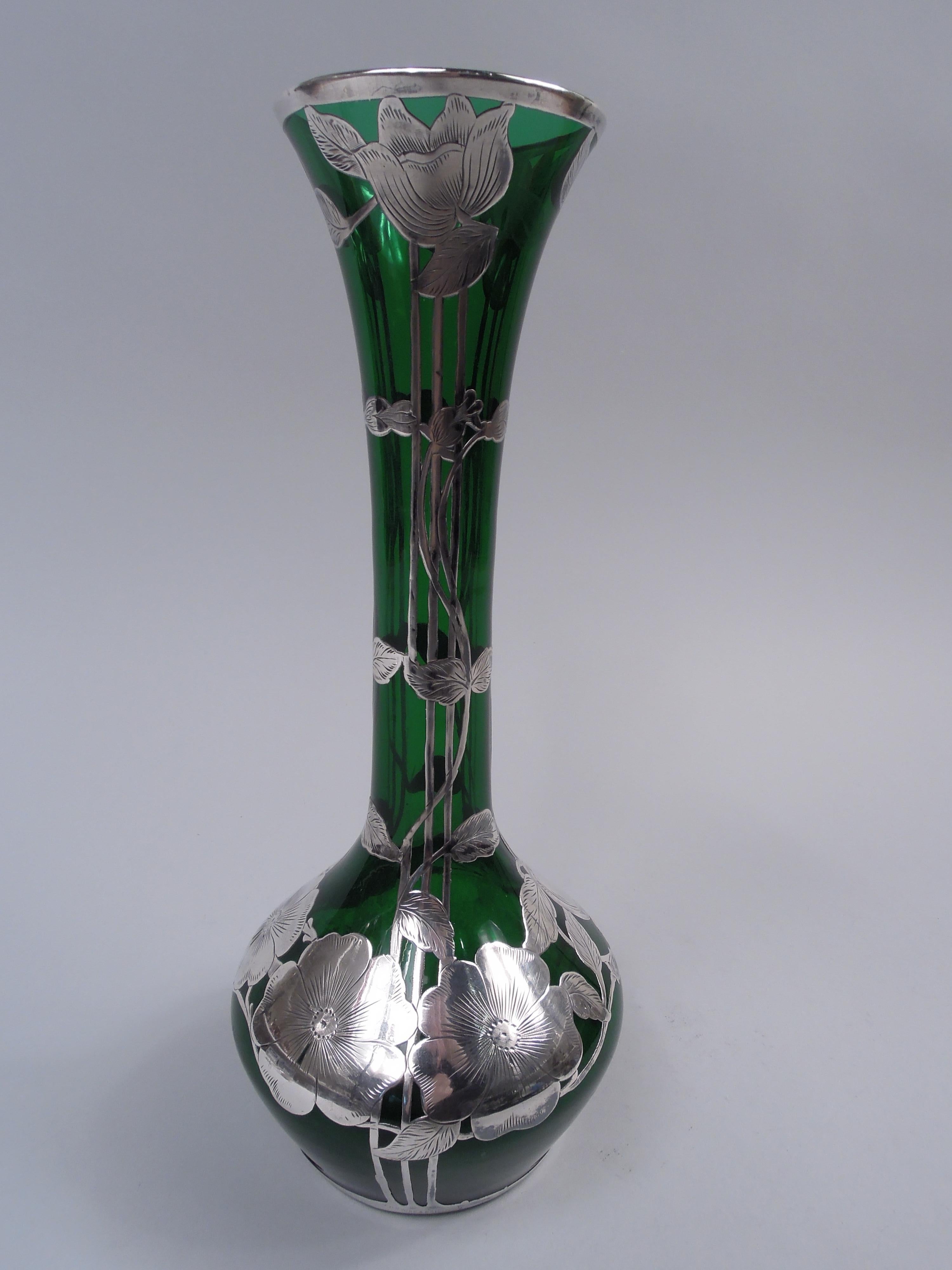 American Alvin Art Nouveau Green Vase with Floral Silver Overlay For Sale