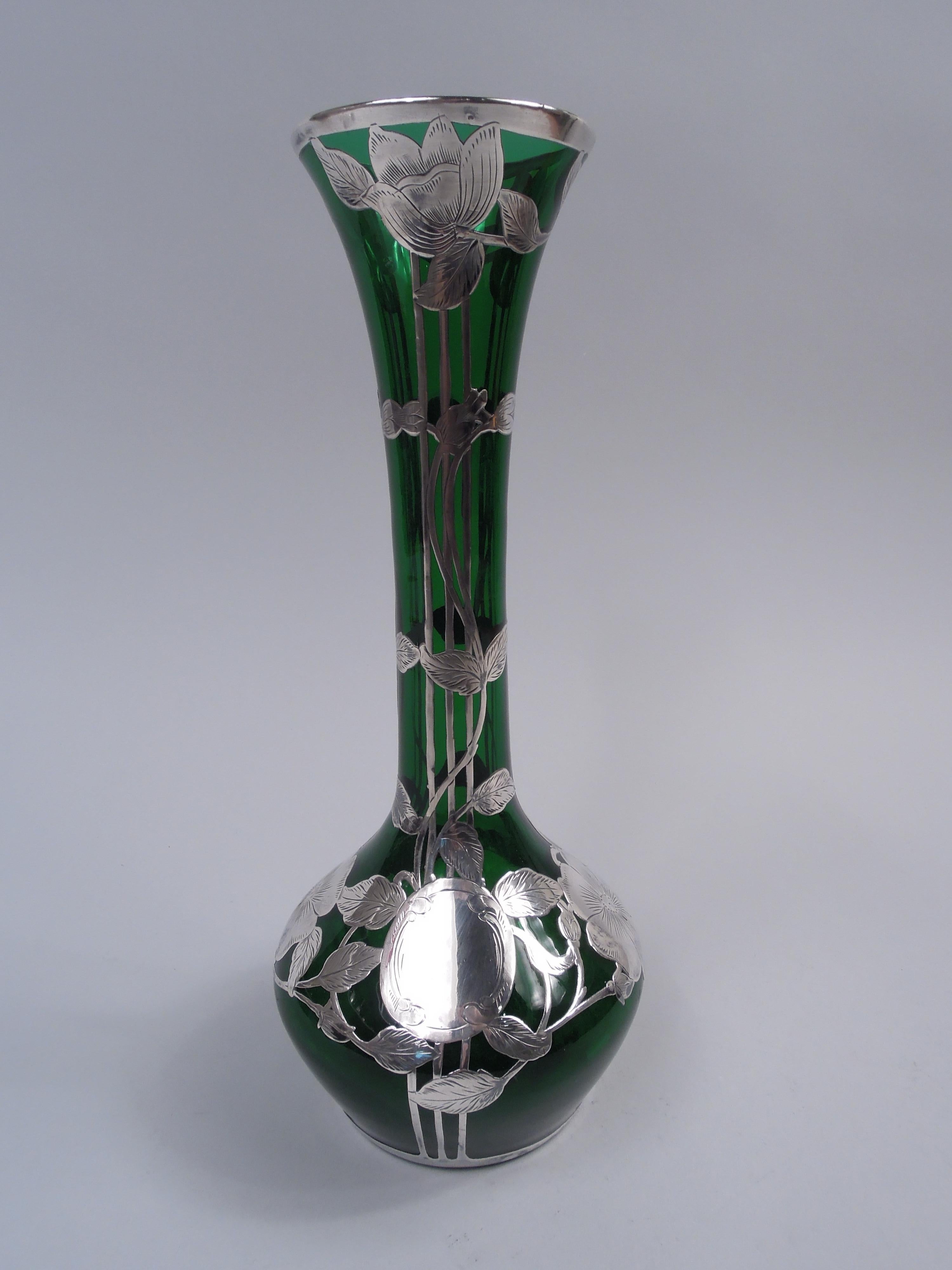 Alvin Art Nouveau Green Vase with Floral Silver Overlay In Good Condition For Sale In New York, NY
