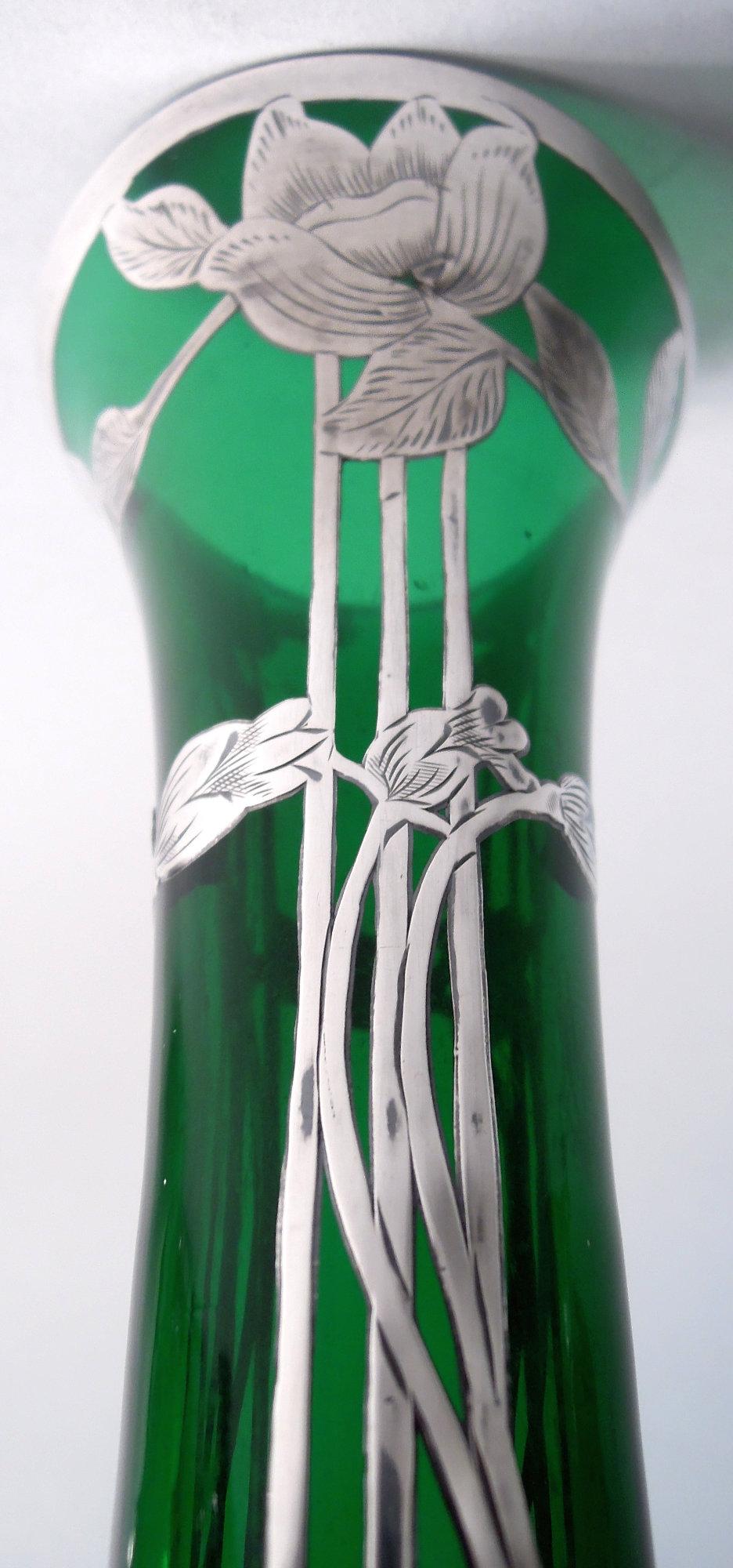 20th Century Alvin Art Nouveau Green Vase with Floral Silver Overlay For Sale