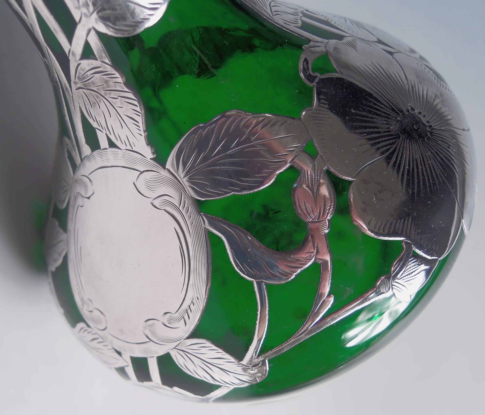 Alvin Art Nouveau Green Vase with Floral Silver Overlay For Sale 1