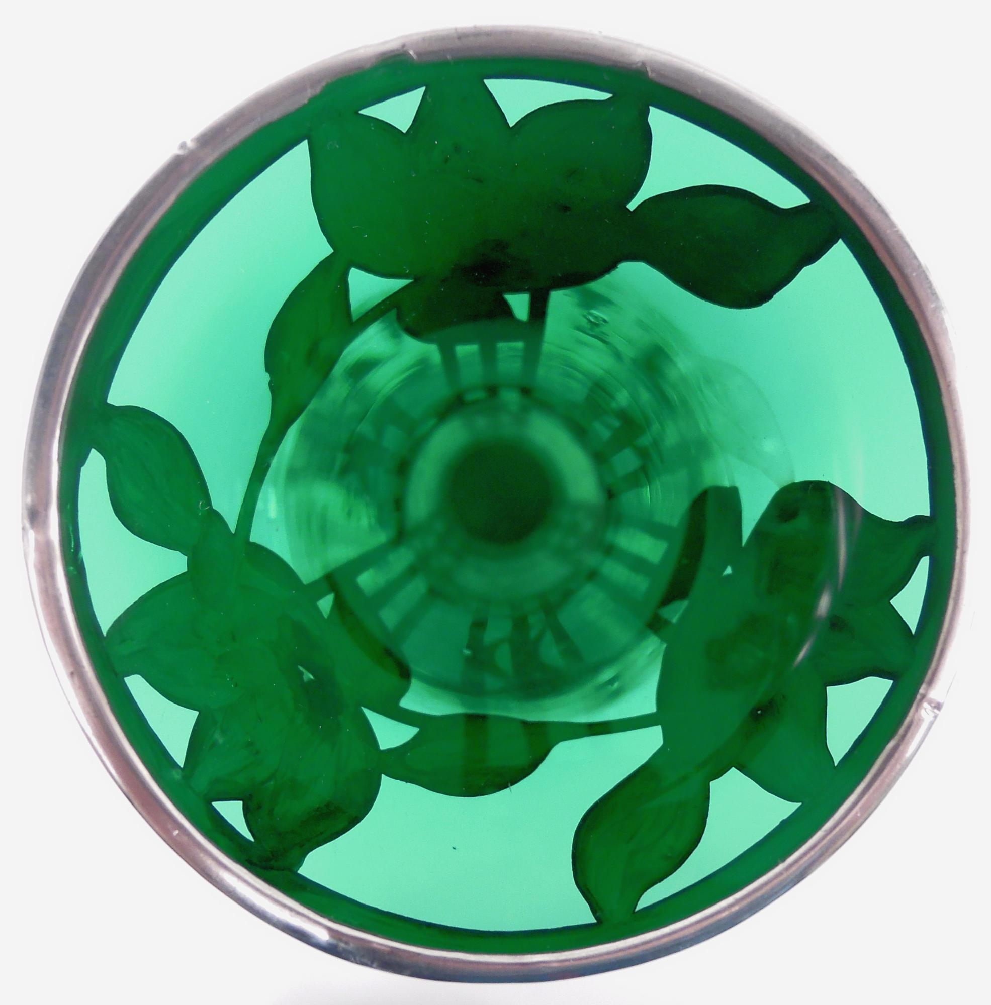 Alvin Art Nouveau Green Vase with Floral Silver Overlay For Sale 2