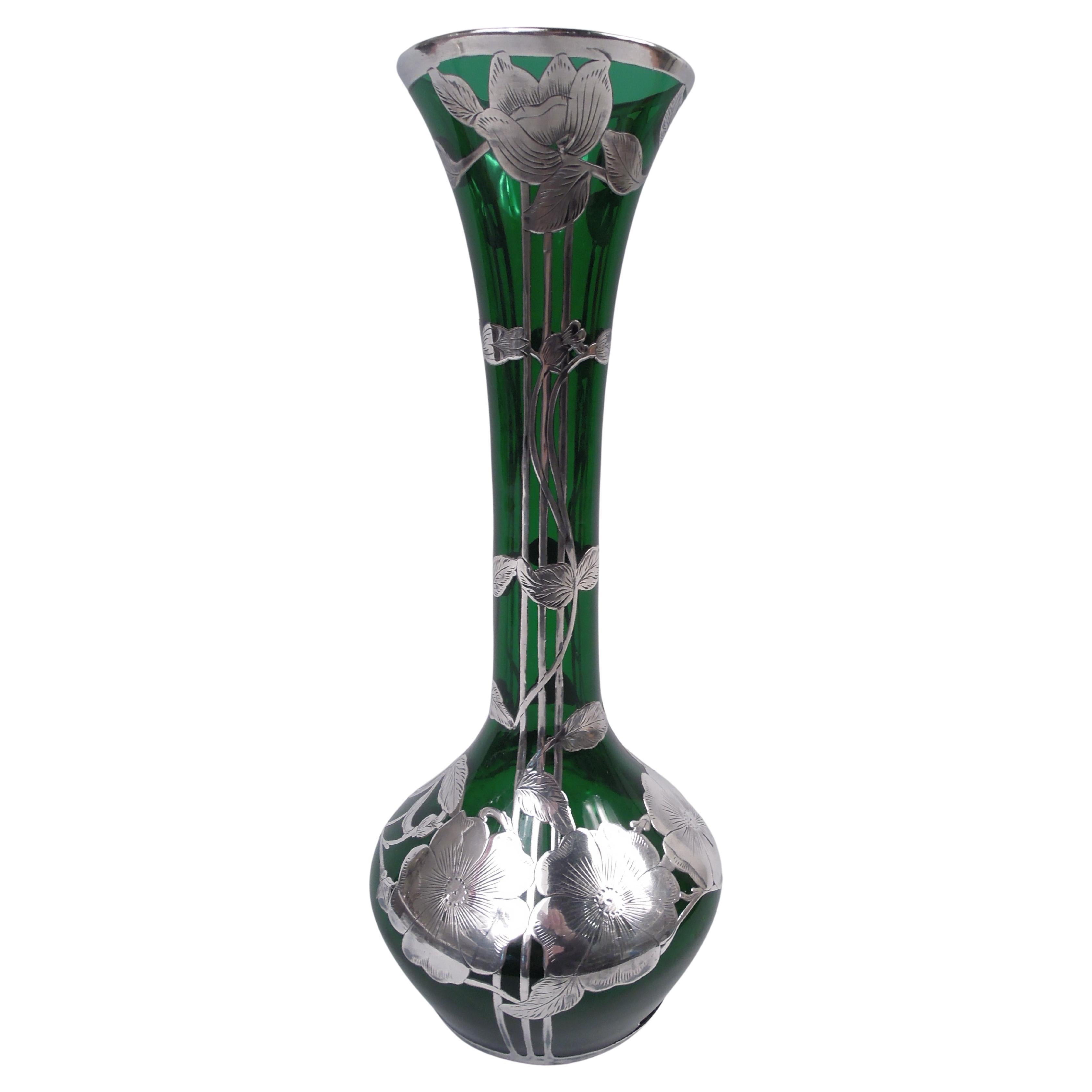 Alvin Art Nouveau Green Vase with Floral Silver Overlay For Sale