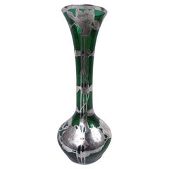 Alvin Art Nouveau Green Vase with Floral Silver Overlay