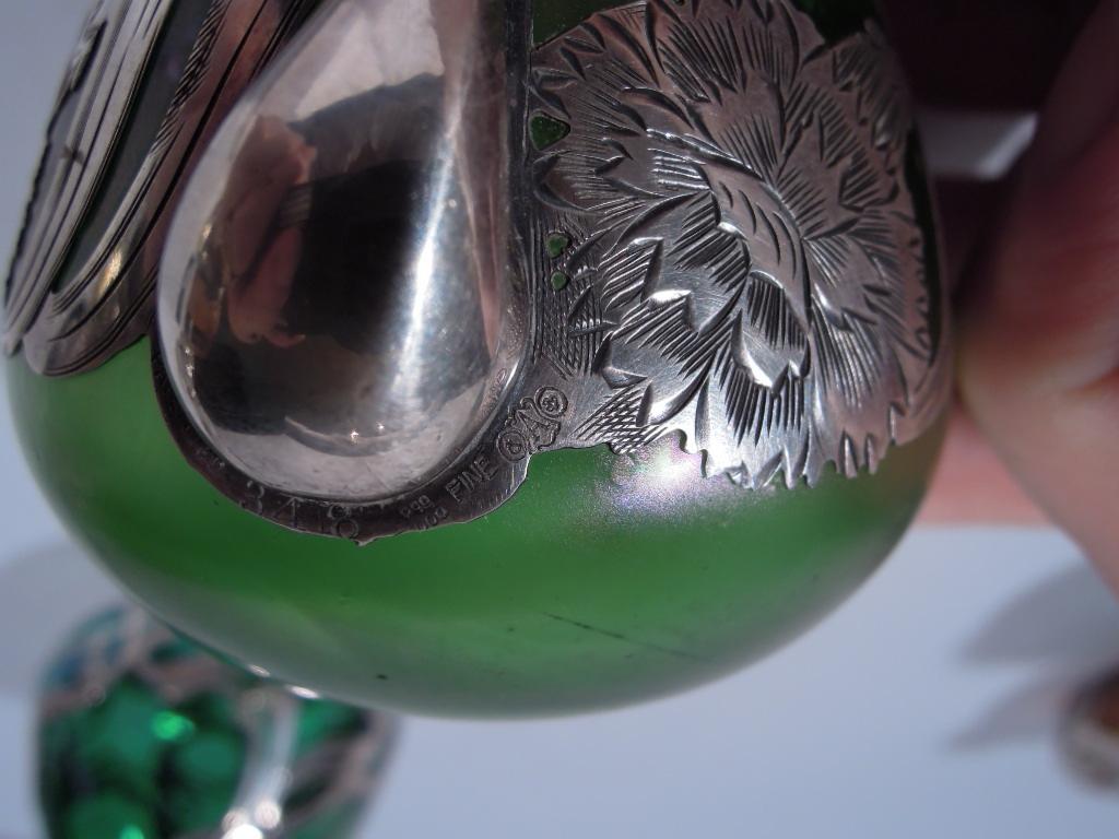Alvin Art Nouveau Iridescent Green Glass Silver Overlay Bud Vase 5