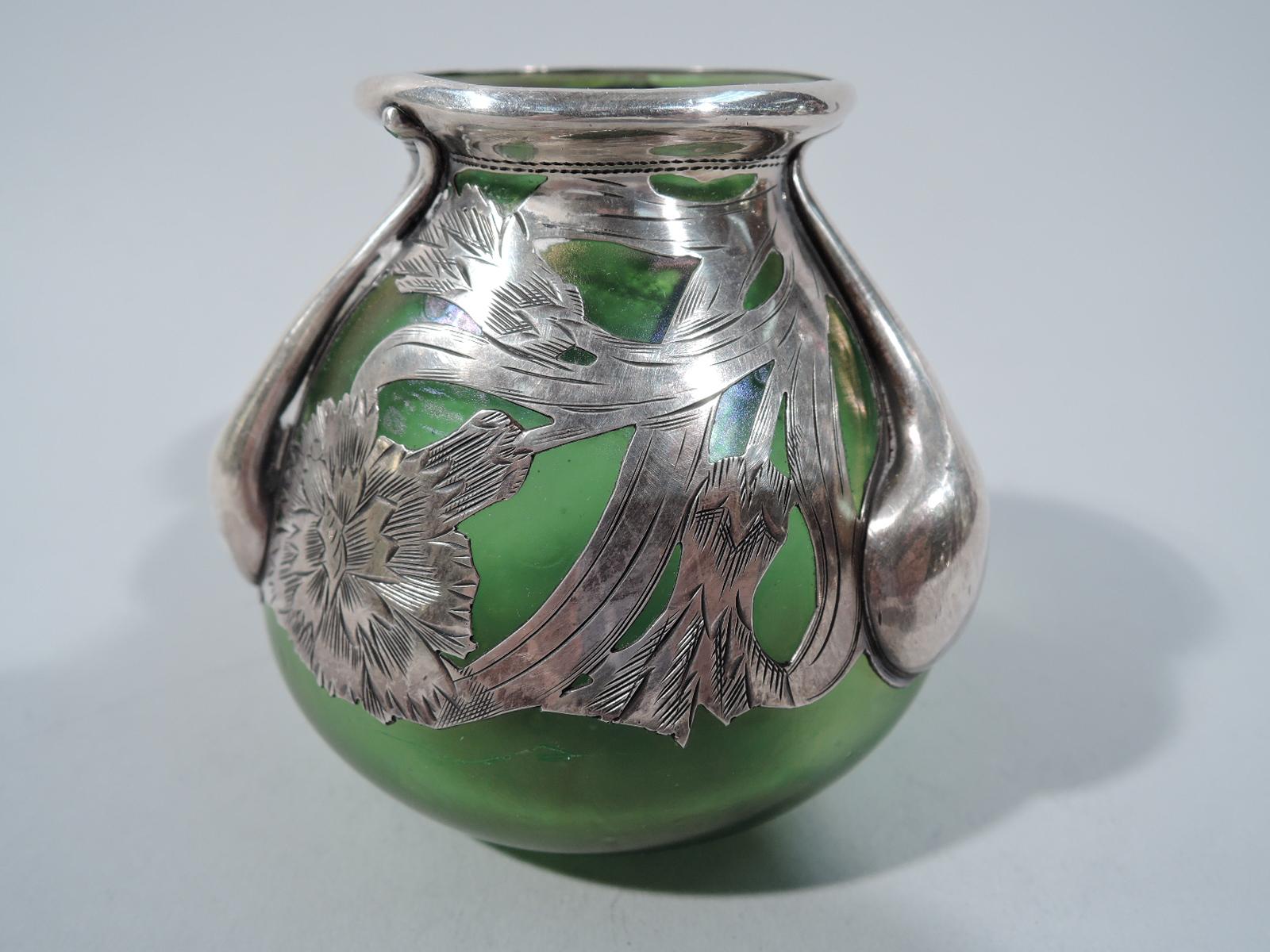 American Alvin Art Nouveau Iridescent Green Glass Silver Overlay Bud Vase