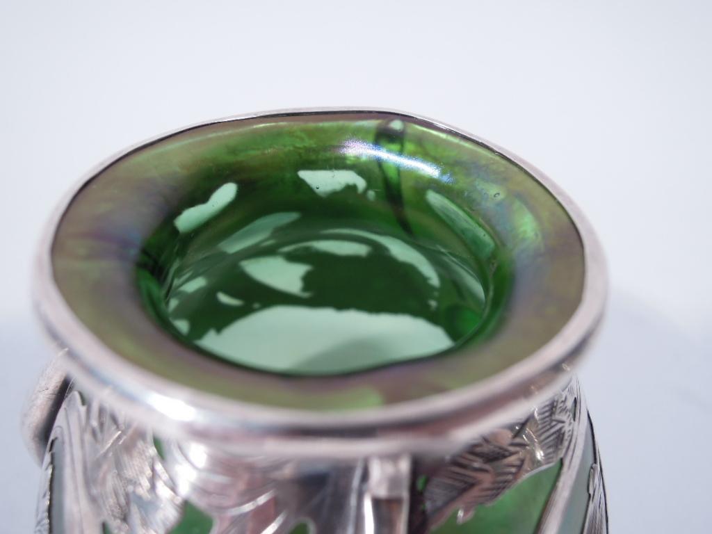 20th Century Alvin Art Nouveau Iridescent Green Glass Silver Overlay Bud Vase