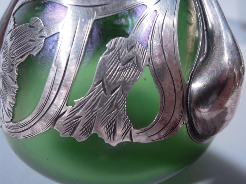 Alvin Art Nouveau Iridescent Green Glass Silver Overlay Bud Vase 1