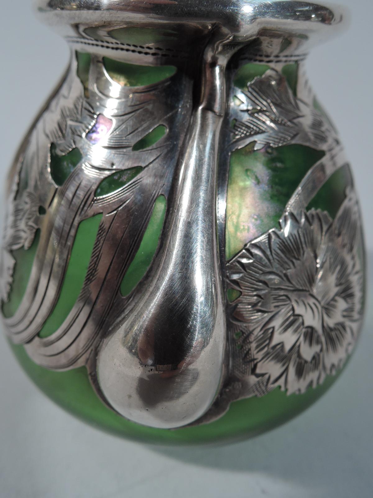 Alvin Art Nouveau Iridescent Green Glass Silver Overlay Bud Vase 3