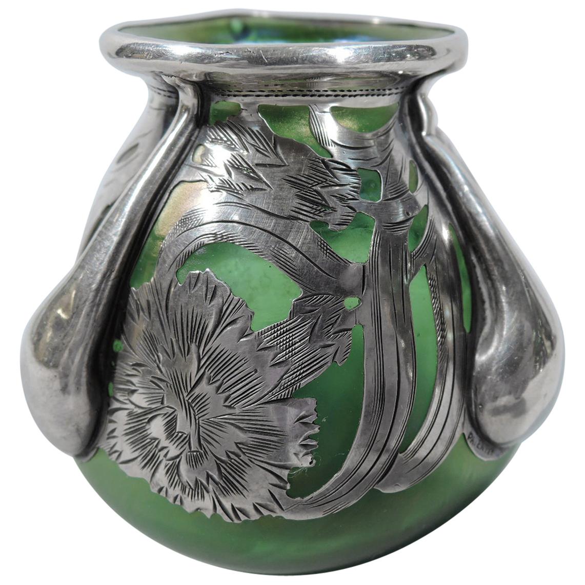 Alvin Art Nouveau Iridescent Green Glass Silver Overlay Bud Vase
