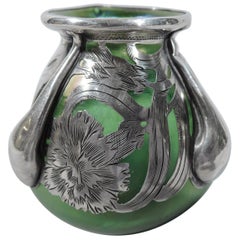 Alvin Art Nouveau Iridescent Green Glass Silver Overlay Bud Vase