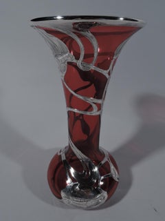 Alvin Art Nouveau Red Glass Vase with Rose Silver Overlay