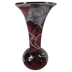Alvin Art Nouveau Red Glass Vase with Rose Silver Overlay