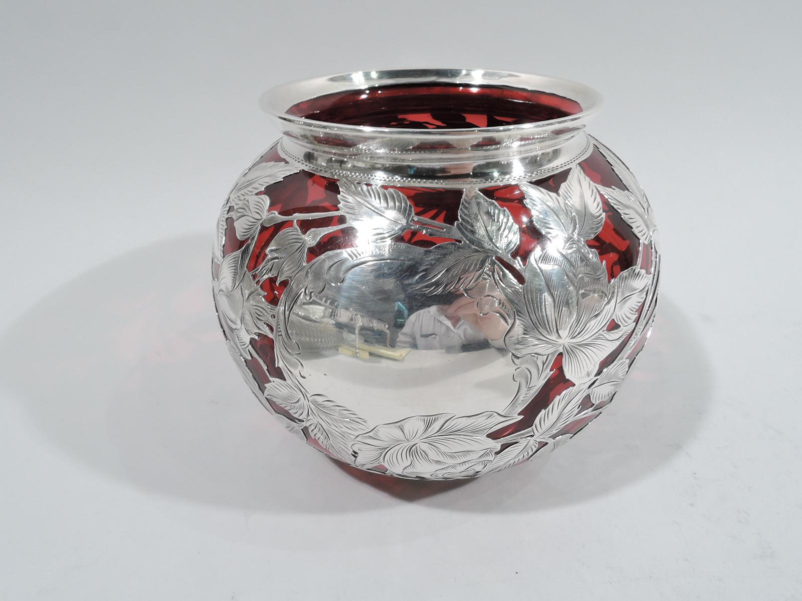 American Alvin Art Nouveau Red Silver Overlay Rose Flower Bowl Vase