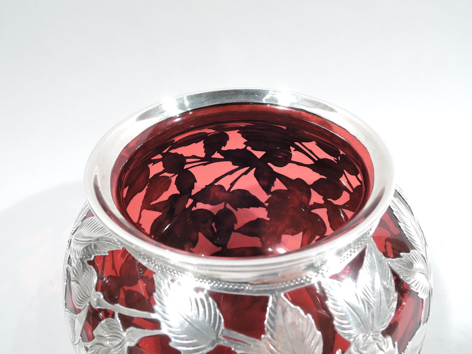 Alvin Art Nouveau Red Silver Overlay Rose Flower Bowl Vase In Excellent Condition In New York, NY