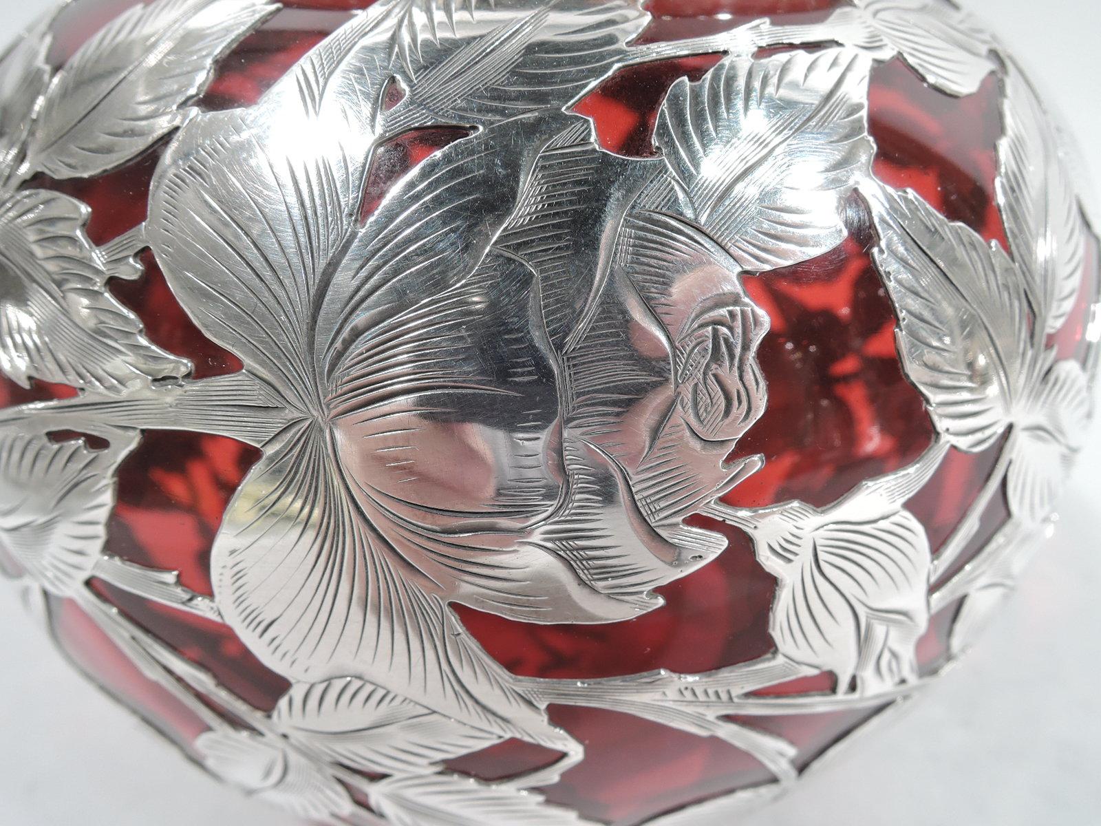 20th Century Alvin Art Nouveau Red Silver Overlay Rose Flower Bowl Vase