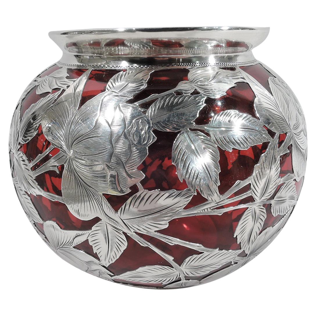 Alvin Art Nouveau Red Silver Overlay Rose Flower Bowl Vase