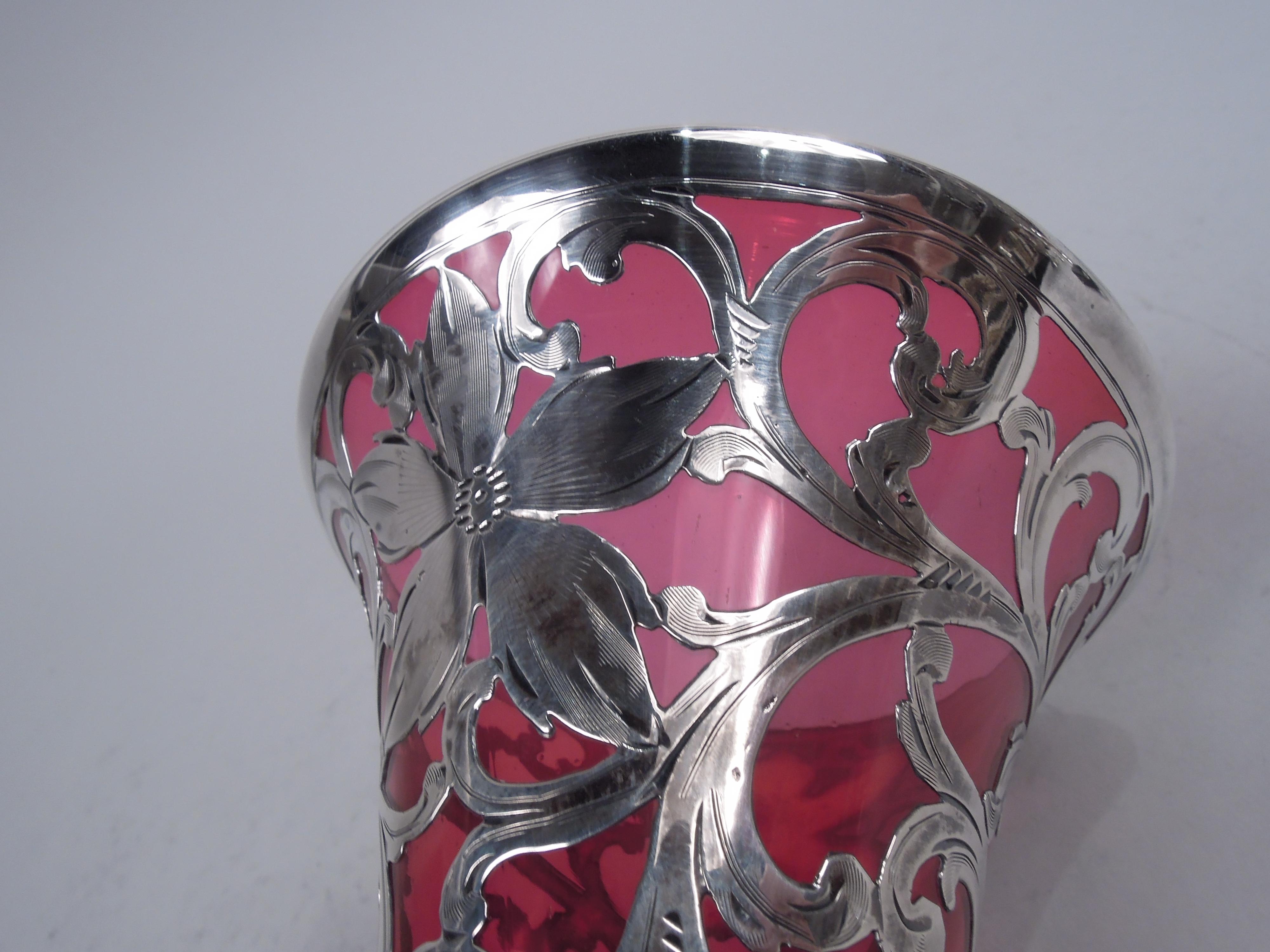 American Alvin Art Nouveau Red Silver Overlay Vase For Sale