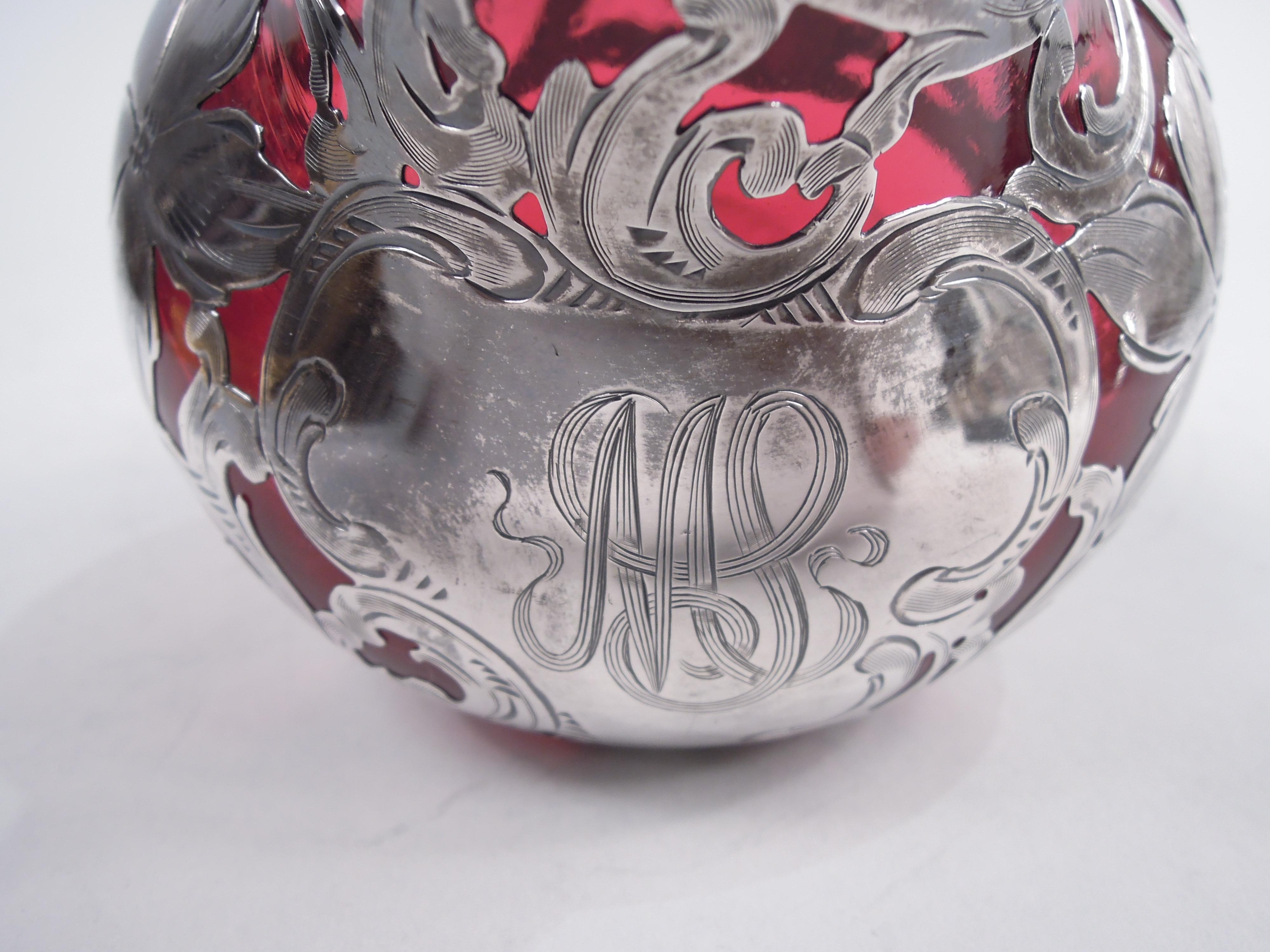 20th Century Alvin Art Nouveau Red Silver Overlay Vase For Sale