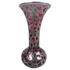 Vintage Alvin Art Nouveau Red Silver Overlay Vase