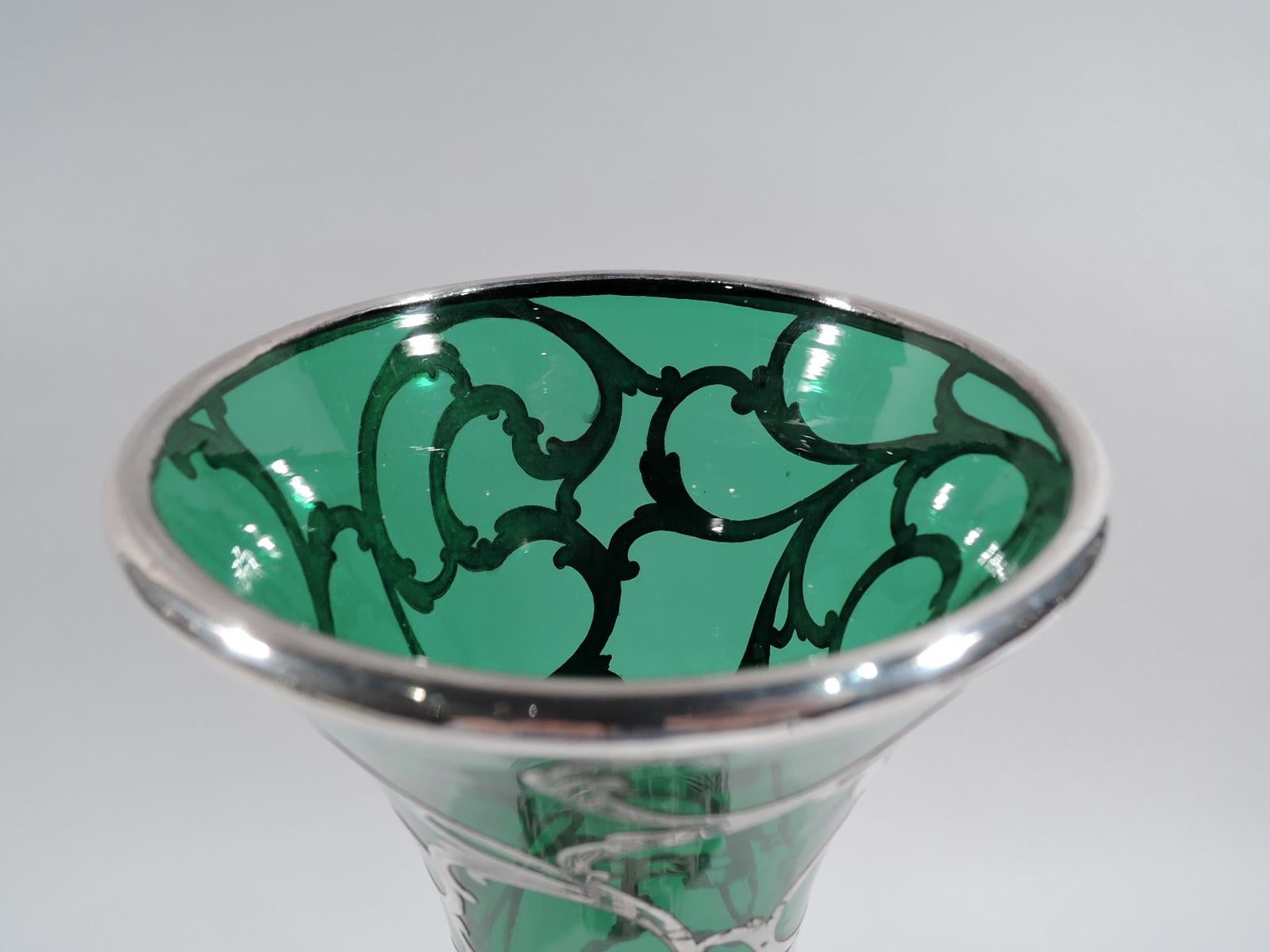 American Alvin Art Nouveau Tall Green Silver Overlay Vase
