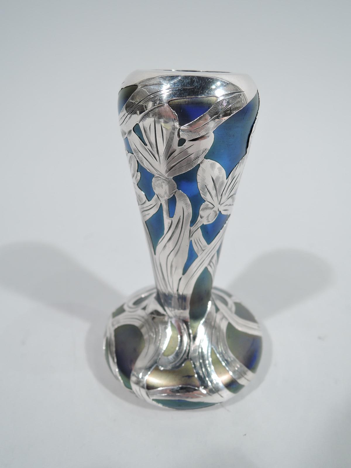 American Alvin Austrian Art Nouveau Iridescent Silver Overlay Bud Vase