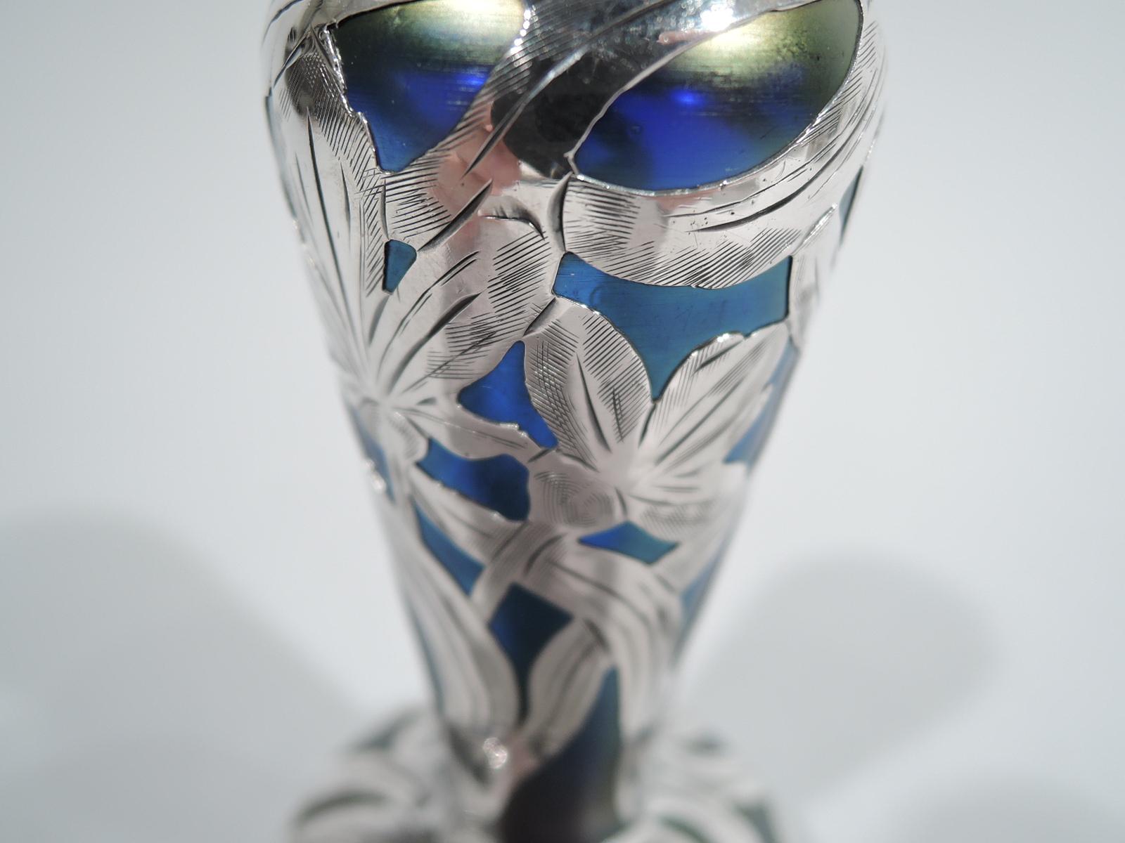 20th Century Alvin Austrian Art Nouveau Iridescent Silver Overlay Bud Vase