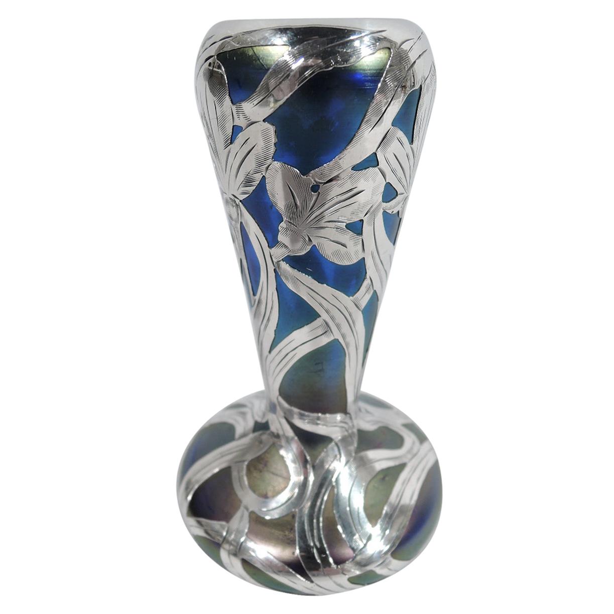 Alvin Austrian Art Nouveau Iridescent Silver Overlay Bud Vase