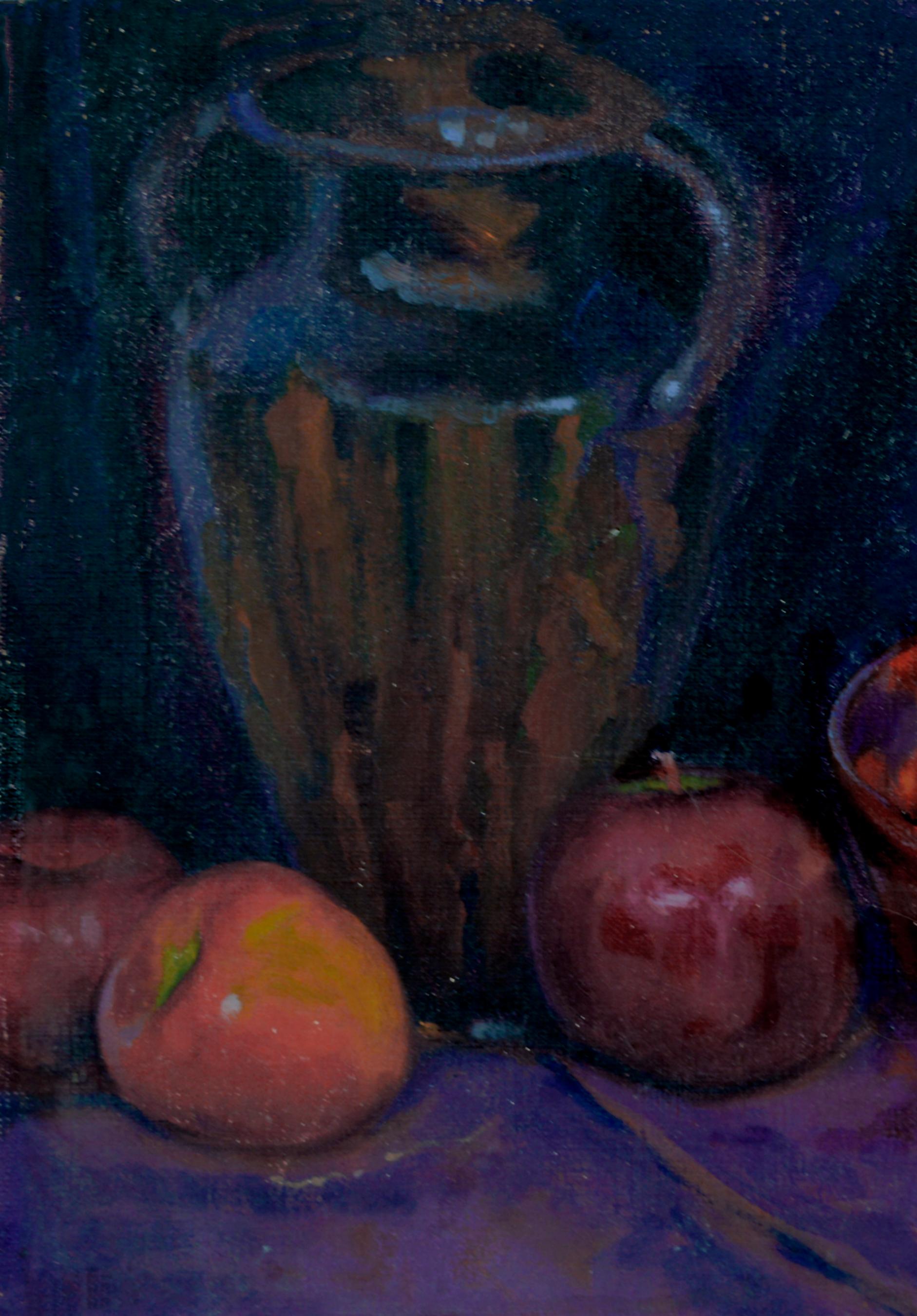 Nature morte violette avec cruche et pommes par Alvin R. Raffel, 1928 - Painting de Alvin Robert Raffel