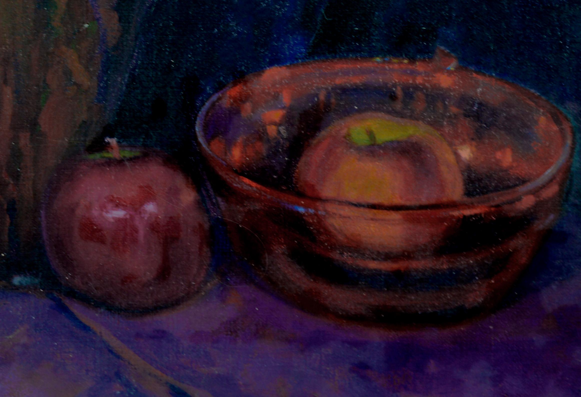 Stillleben in Lila mit Krug und Äpfeln von Alvin R. Raffel, 1928 (Amerikanischer Impressionismus), Painting, von Alvin Robert Raffel
