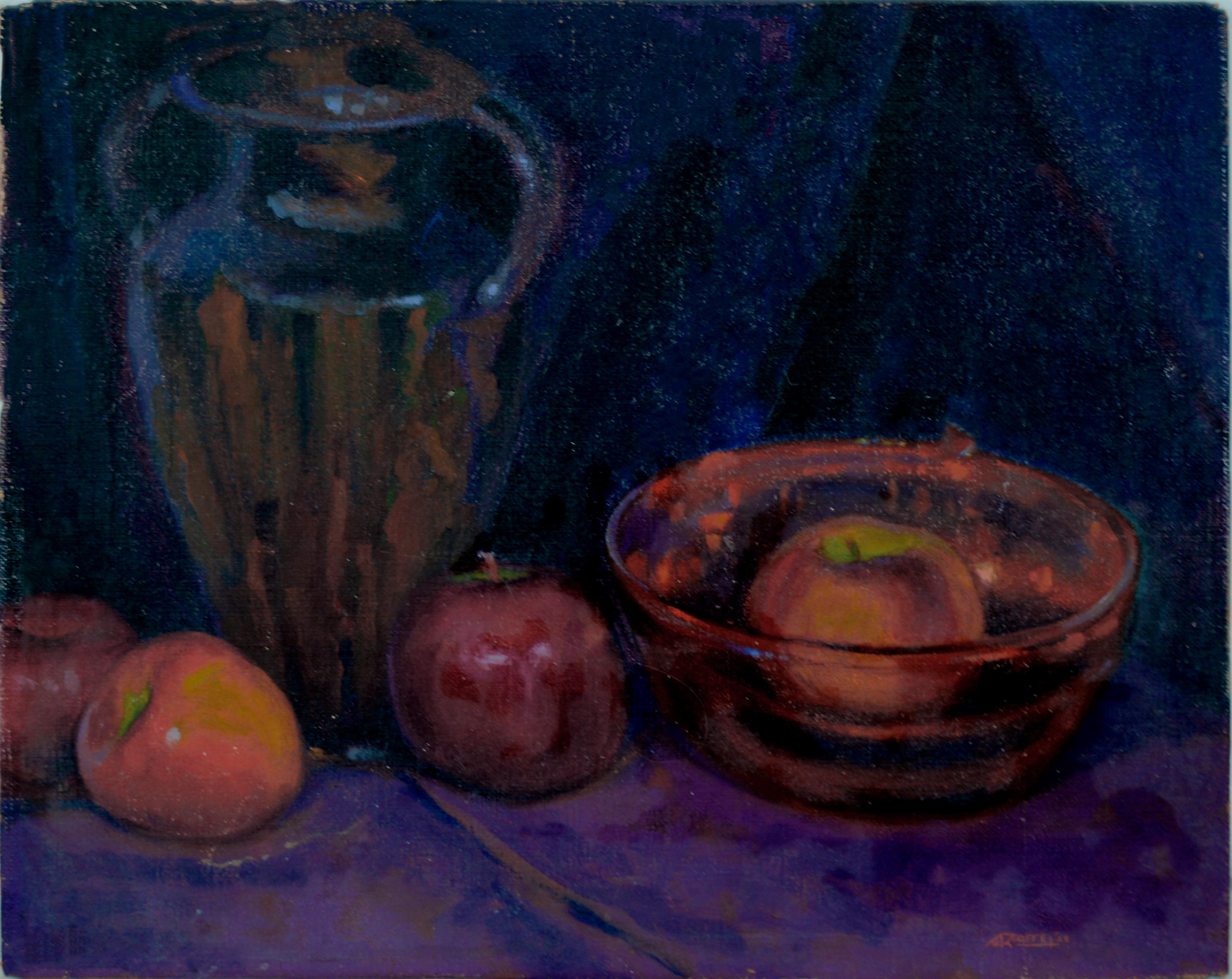 Bodegón en morado con jarra y manzanas por Alvin R. Raffel 1928